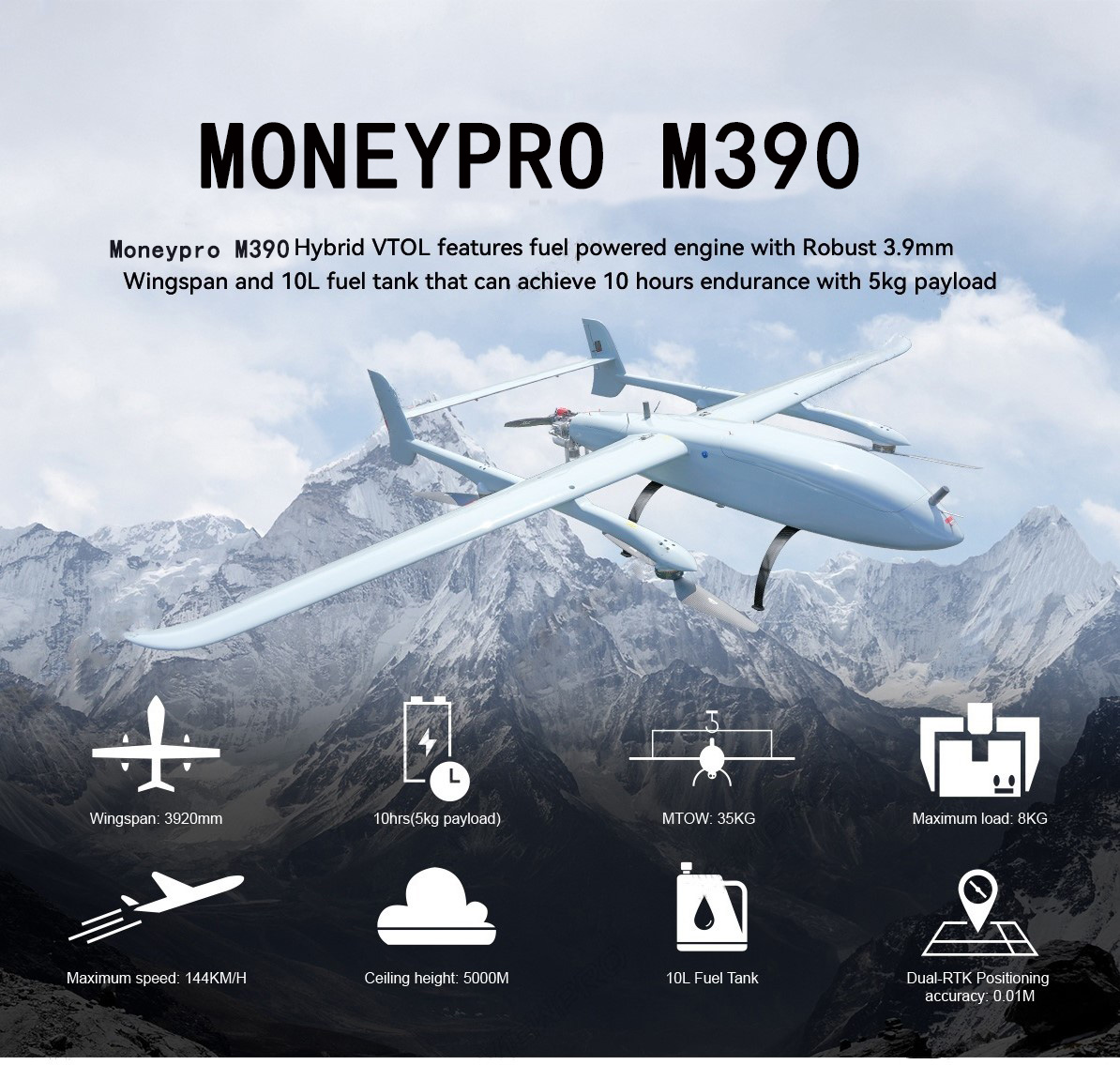 China Moneypro M390 Super Powerful Hybrid VTOL Drone with Robust 3.9m Wingspan 10hrs Flight Time