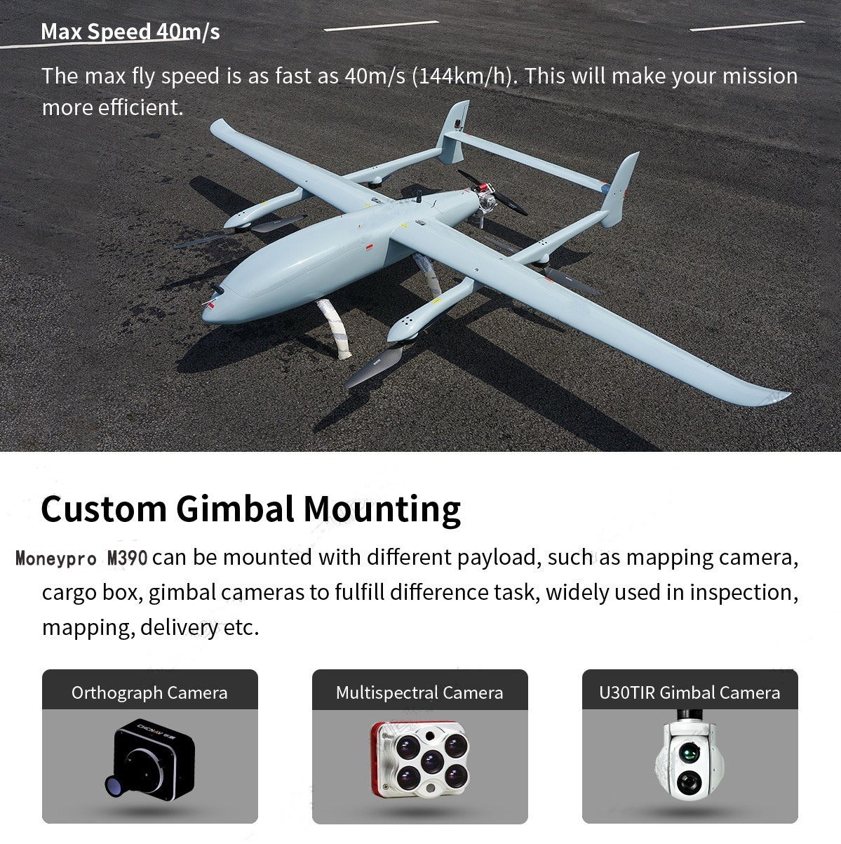 China Moneypro M390 Super Powerful Hybrid VTOL Drone with Robust 3.9m Wingspan 10hrs Flight Time