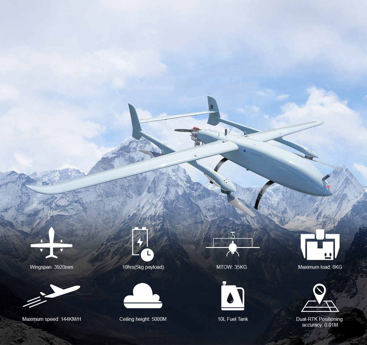 China Moneypro MVT390 Super Powerful Hybrid VTOL Drone with Robust 3.9m Wingspan 10hrs Flight Time