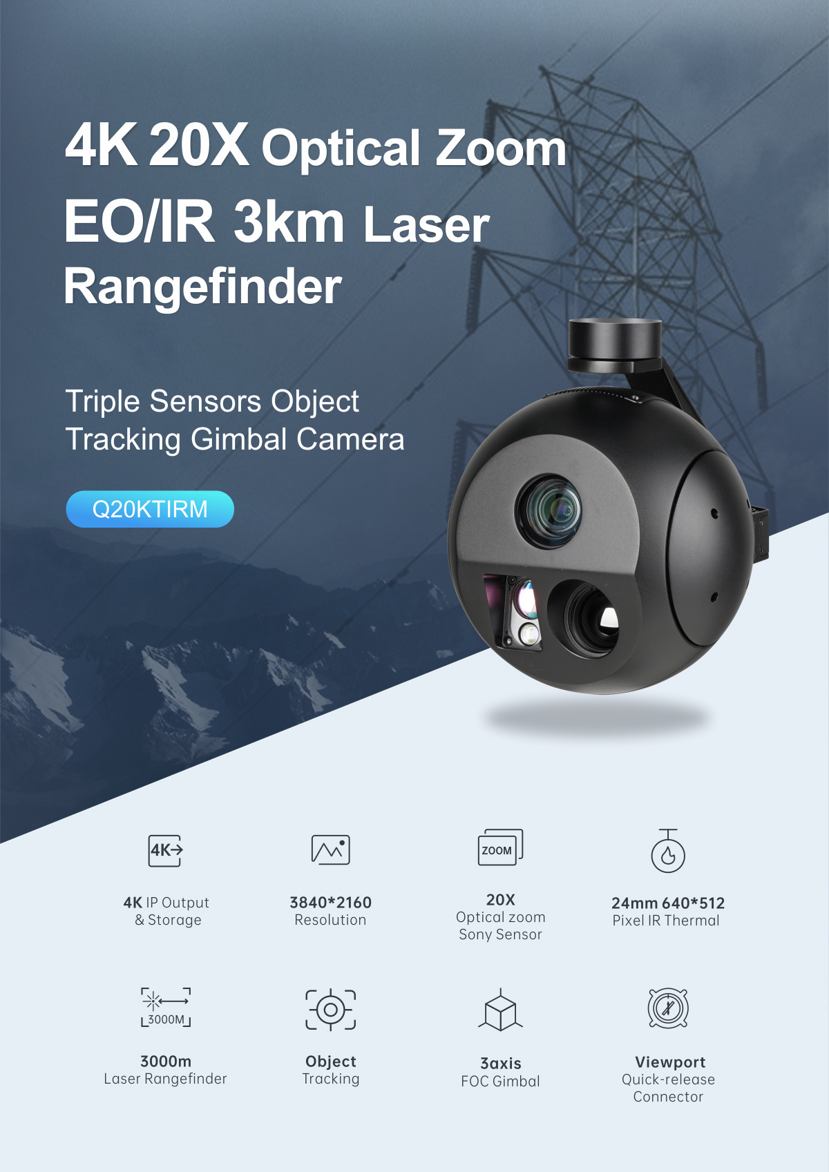 China Moneypro M20KTIRM 4K 20X Optical Zoom EO/lR 3km Laser Rangefinder Triple Sensors Object Tracking Gimbal Camera