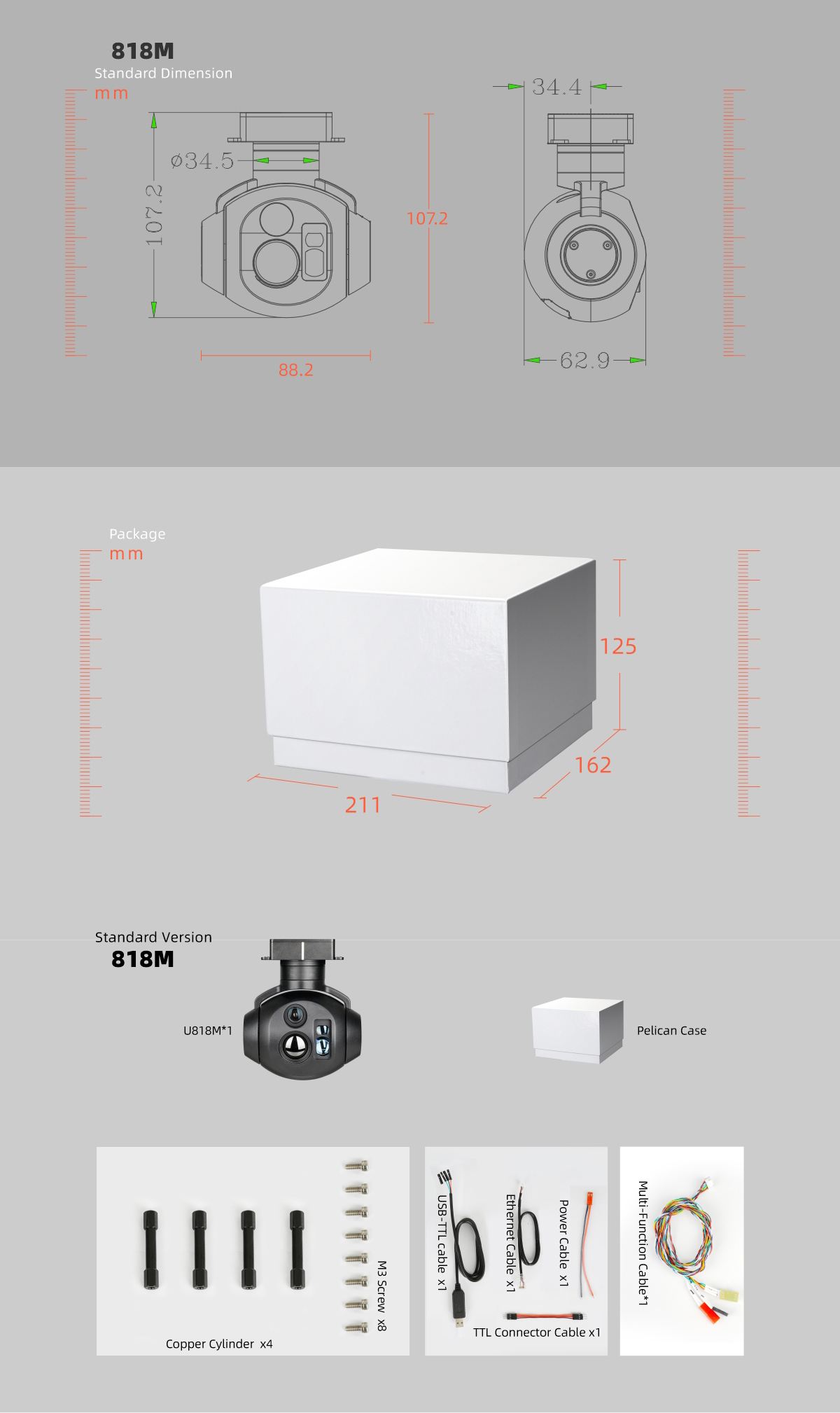 China Moneypro M818M Triple Sensors EO + IR +LRF(1200M) Object Tracking Gimbal Camera